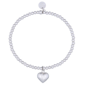 Sterling Silver Beads Stretch Bracelet with Puffed Heart Charm 