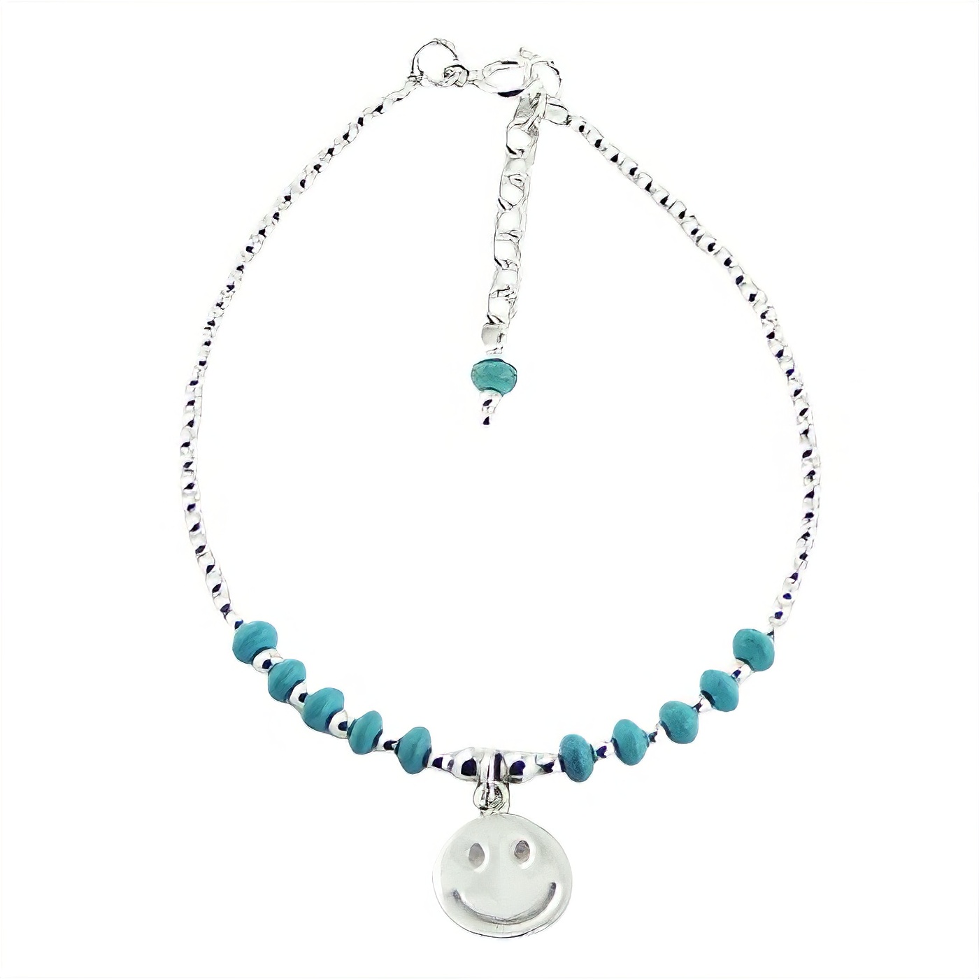 Happy Face Charm on Turquoise and Silver Bead Bracelet 