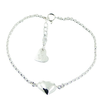 Adjustable Sterling Silver Puffed Heart Charm Chain Bracelet 