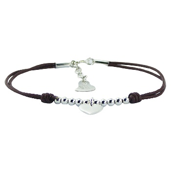 Leather Bracelet String of Sterling Silver Beads & Pair of Hearts by BeYindi 