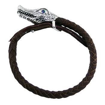 Handmade Brown Leather 925 Ornate Silver Crocodile Bracelet 