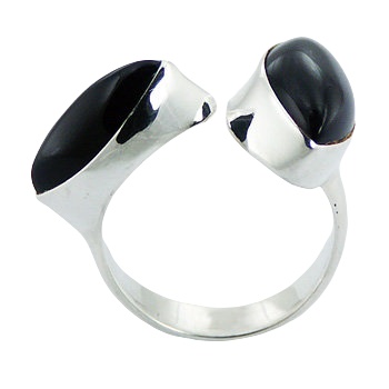 Marquise Shaped Black Agate Open 925 Sterling Silver Ring by BeYindi 