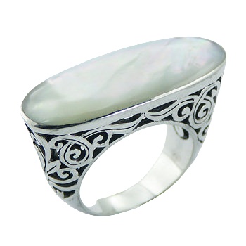 Elongated Horizontal Oval Mother Of Pearl Ajoure 925 Silver Ring by BeYindi 