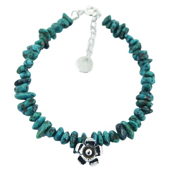 Turquoise Bead Bracelet with Antiqued Casted Silver Flower 