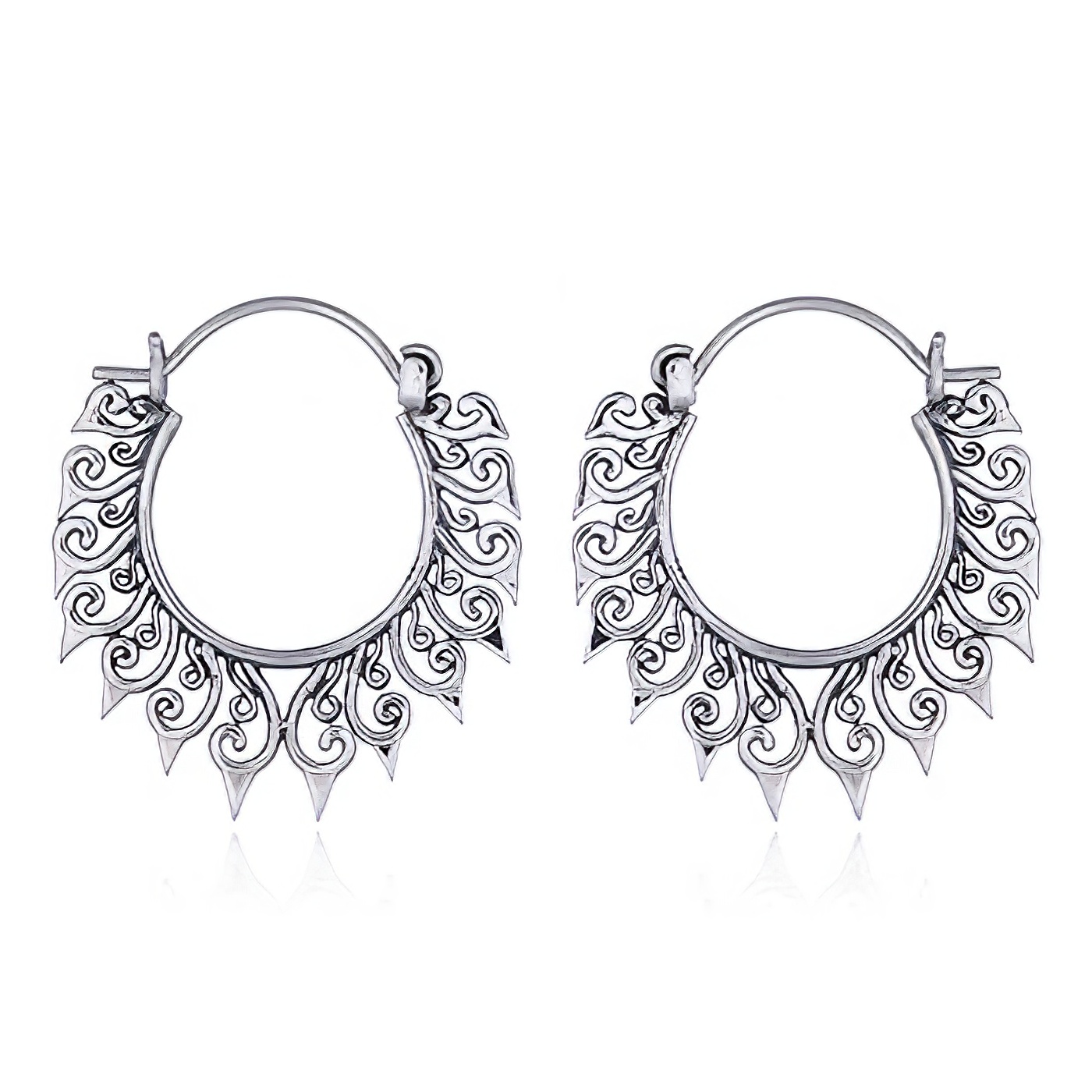 Bohemian Silver Hoop Earrings Pointed Spirals by BeYindi 