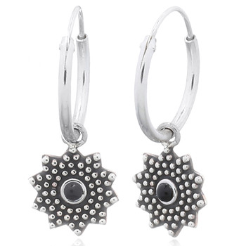 Reconstituted Black Agate Sunflower Silver Hoop Earrings by BeYindi 