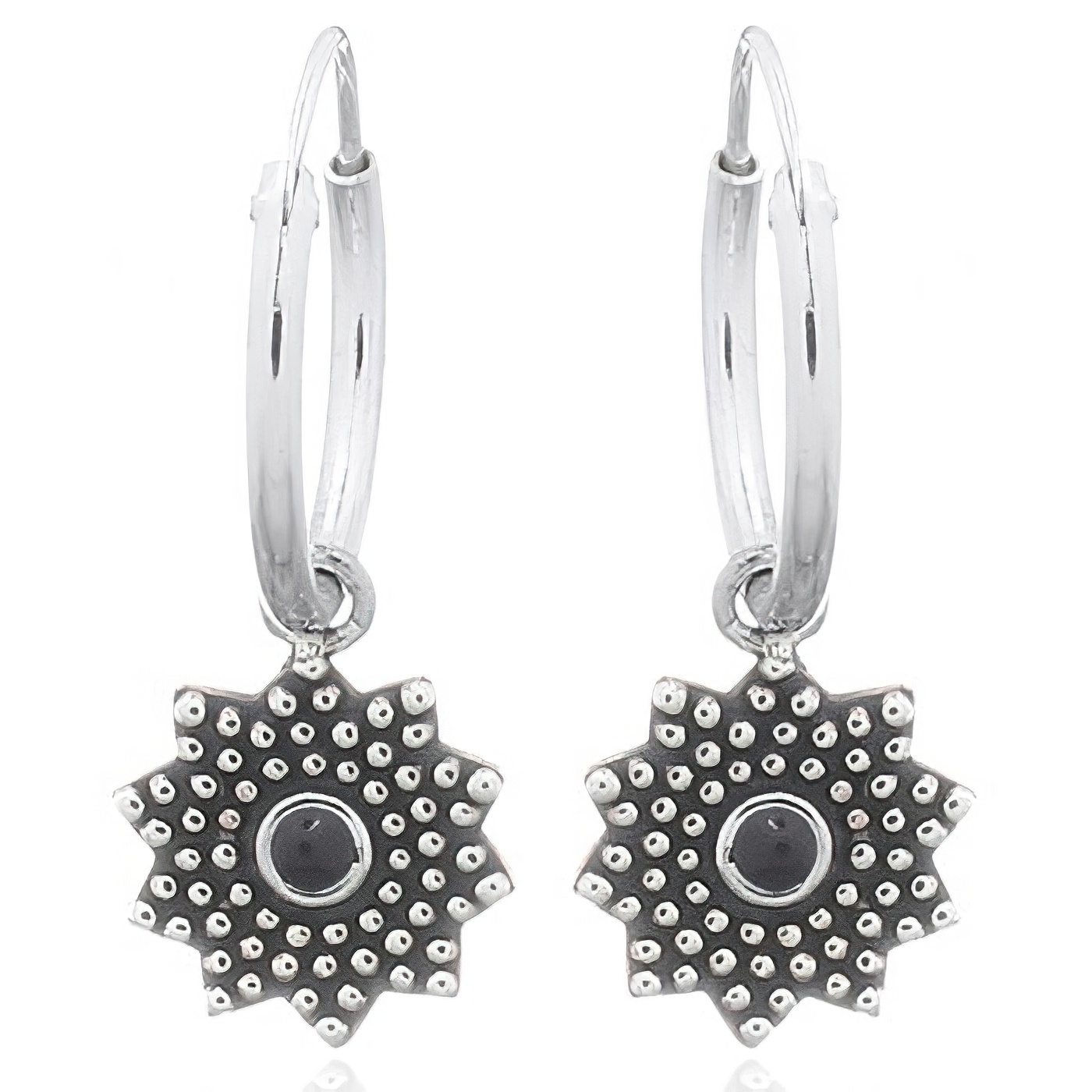 Reconstituted Black Agate Sunflower Silver Hoop Earrings by BeYindi 