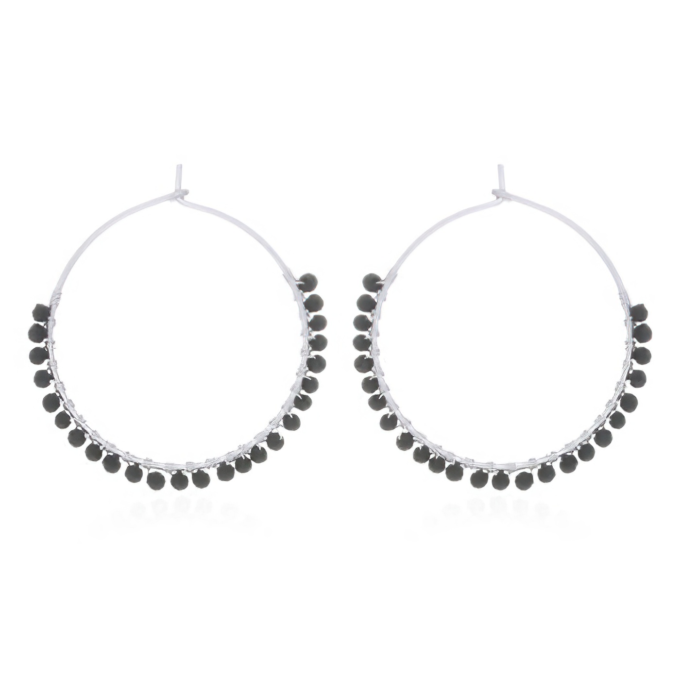 Black Agate Stones Circle Silver Wire Hoop Earrings by BeYindi 