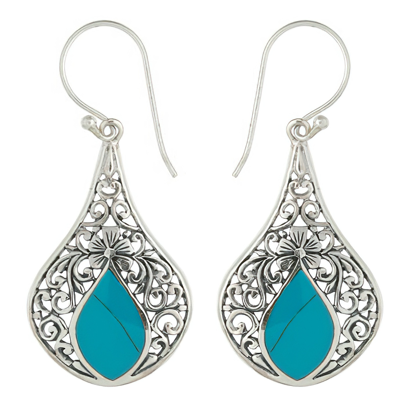 Synthetic Turquoise Dangle Earrings with Floral Antiqued Design by BeYindi 