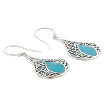 Synthetic Turquoise Dangle Earrings with Floral Antiqued Design by BeYindi 
