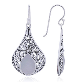 Dashing Mother of Pearl Dangle Earrings with Floral Antiqued Design by BeYindi 