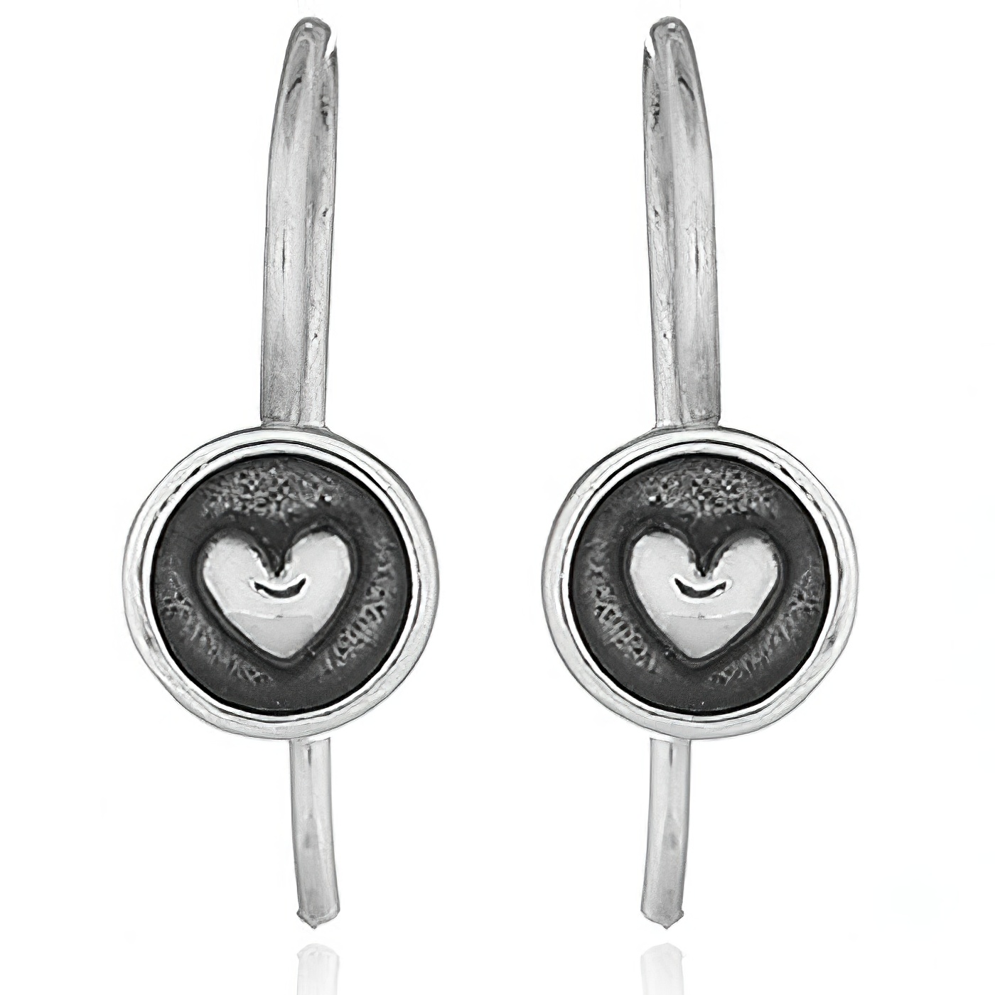 Oxidized Silver Drop Earrings Embossed Heart by BeYindi 