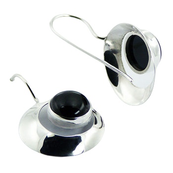 Convexed 925 Silver Hoop Drop Earrings Round Black Agate Gem by BeYindi 
