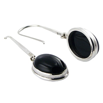 Oval Black Agate Drops Silver Stick Hanger Earrings by BeYindi 