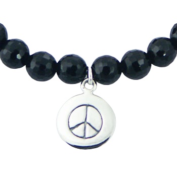 Black Agate Bead Stretch Bracelet 925 Silver Peace Charm by BeYindi 3