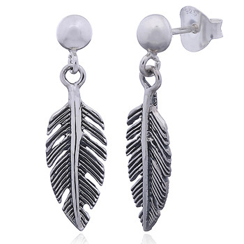 Antique Feather Oxidized Silver Stud Earrings by BeYindi 