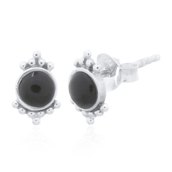 Antiqued Reconstituted Black Agate Silver Dotted Stud Earrings by BeYindi 