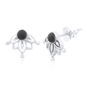 Reconstituted Black Agate Little Lotus 925 Silver Stud Earrings by BeYindi 