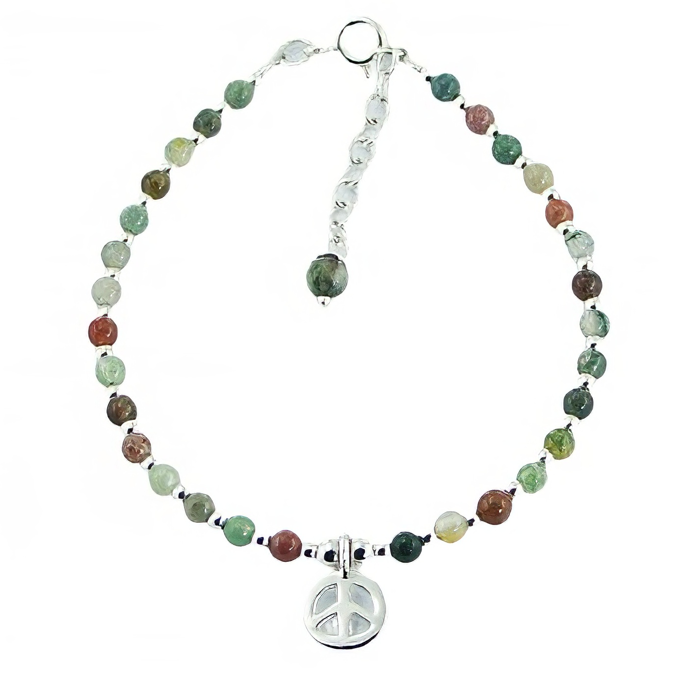 Multicolored Round Agate Bead Bracelet with Silver Peace Charm 