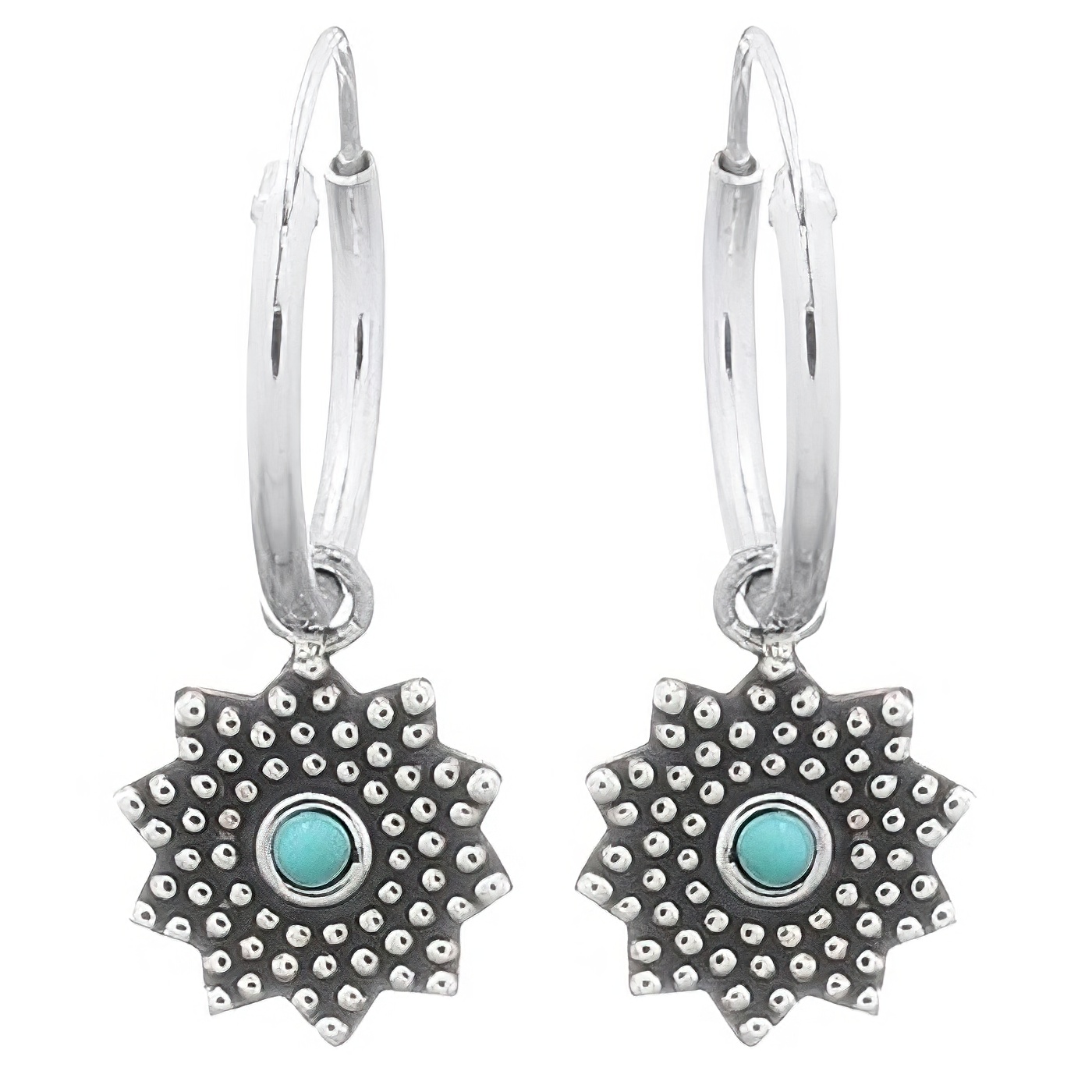 Reconstituted Turquoise Sunflower Silver Hoop Earrings by BeYindi 