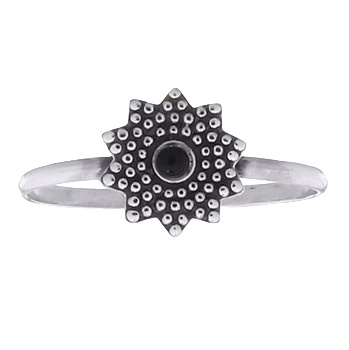 Dotted Sun Flower Black Stone Ring In 925 Silver by BeYindi 