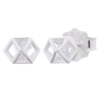 Tiny Polyhedron Shape With White CZ Stud Earrings 925 Silver by BeYindi 
