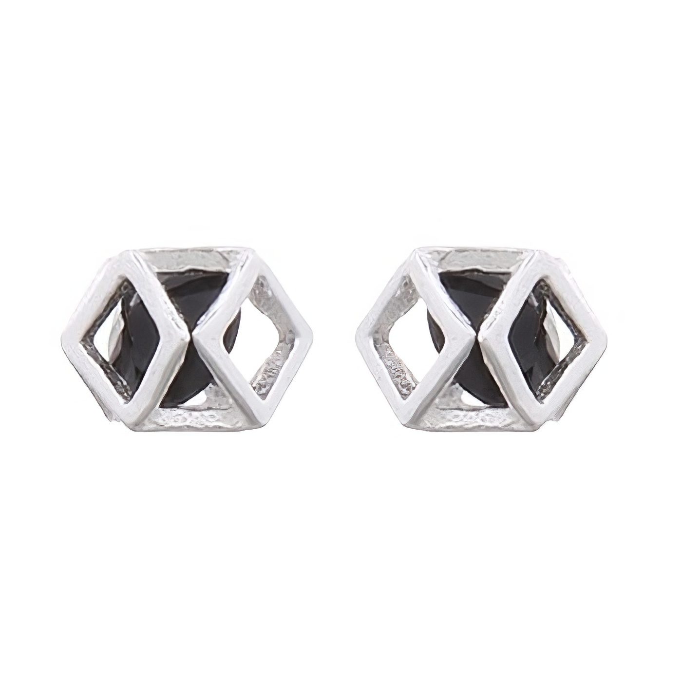 Tiny Polyhedron Shape With Black CZ Stud Earrings 925 Silver by BeYindi 