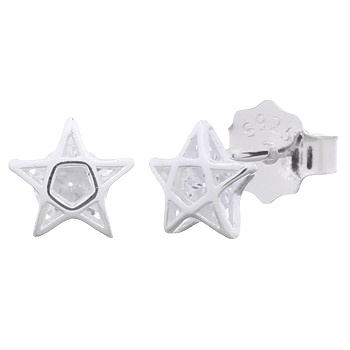 Tiny Pentagram Star With White CZ Stud Earrings Silver by BeYindi 