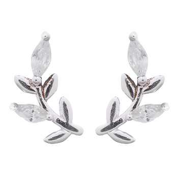 Curvy Leaf 925 Silver With White Cubic Zirconia Stud Earrings by BeYindi 