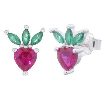 Delightful Strawberry 925 Silver Stud Earrings With Pink Green CZ by BeYindi 