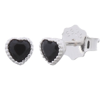 Tiny Delightful Heart With Black CZ 925 Silver Stud Earrings by BeYindi 