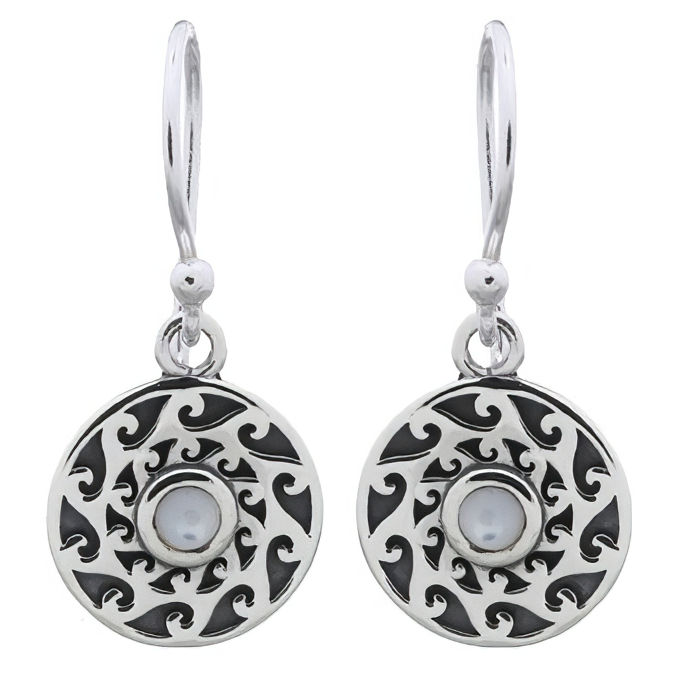Tribal Disc Sterling Silver Mother Of Pearl Dangle Earrings by BeYindi 