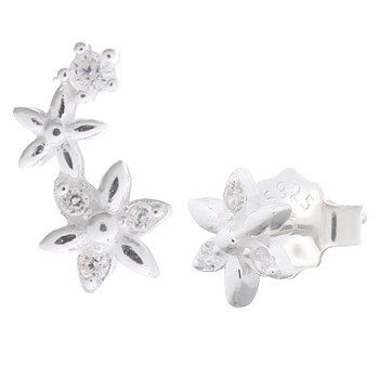 Adorable Mismatched Flowers White CZ Stud Earrings 925 Silver by BeYindi 