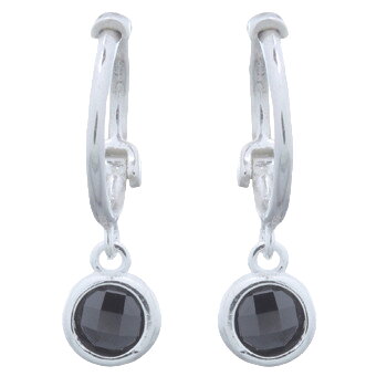 Black cubic zirconia dangle charm on huggie hoop earrings in silver by BeYindi 