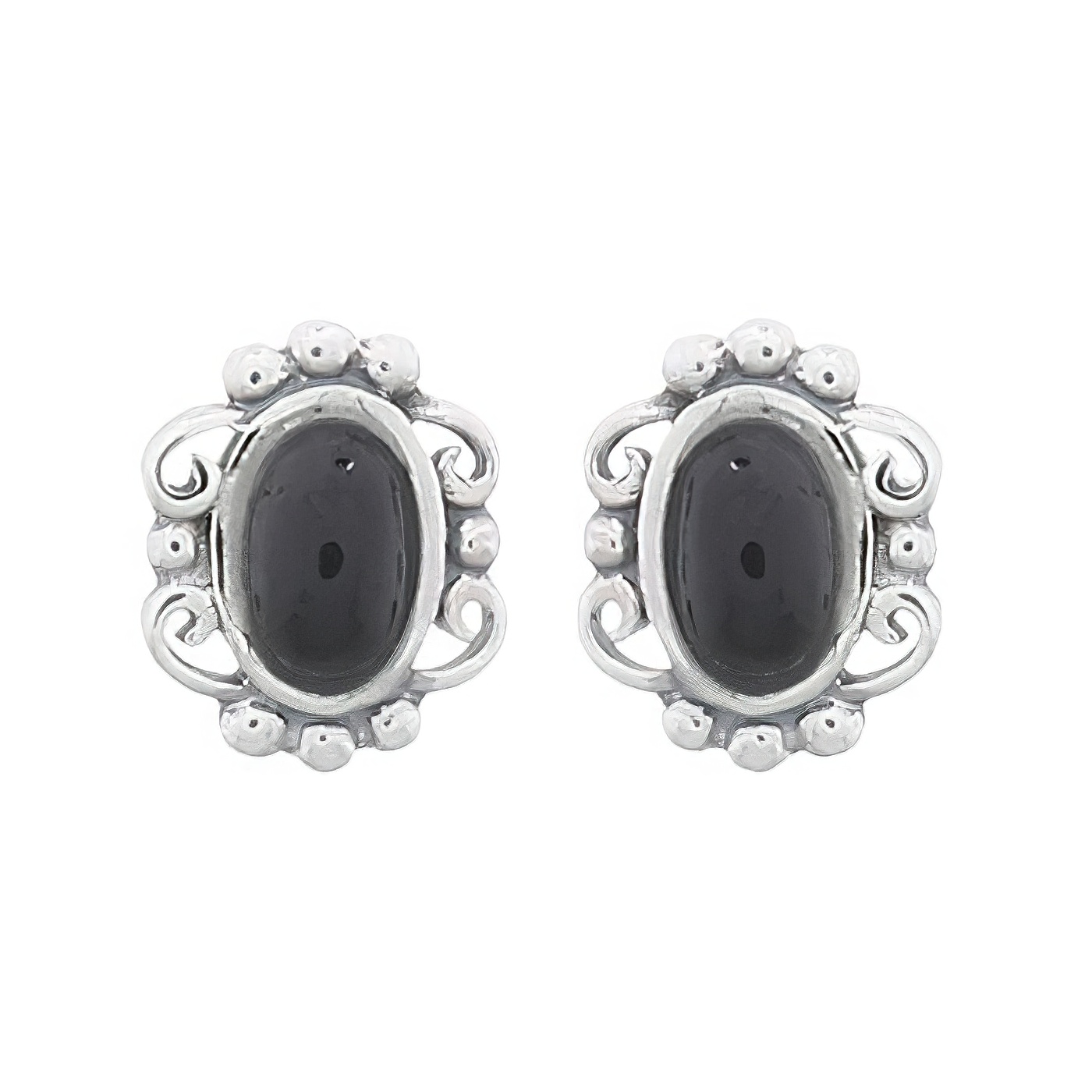 Reconstituted Stone Black Oval Filigree Silver Stud Earrings by BeYindi 