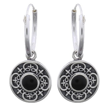 Tribal Celtic Cross With Black Stone 925 Silver Hoop Earrings by BeYindi 