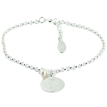 Sterling Silver Round Peace Charm Bracelet with Freshwater Pearl by BeYindi 