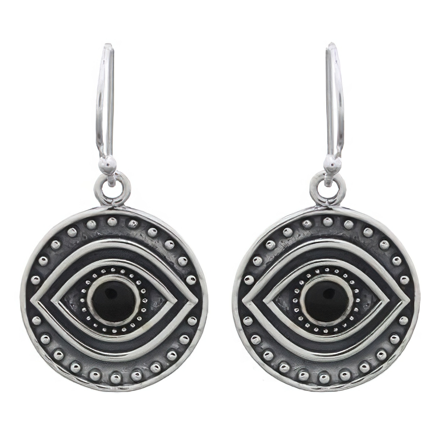 Tribal Evil Eye Black Stone Dangle 925 Silver Earrings by BeYindi 