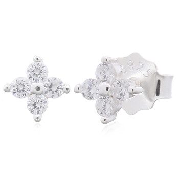 Adorable Four Petals Flower White CZ 925 Silver Stud Earrings by BeYindi 