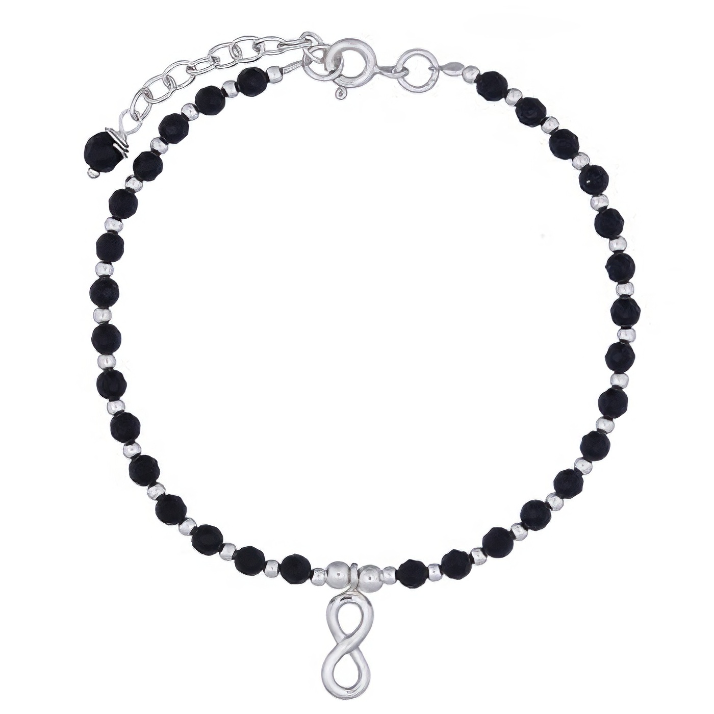Infinity Bracelet Faceted Black Agate and Round Silver Beads 