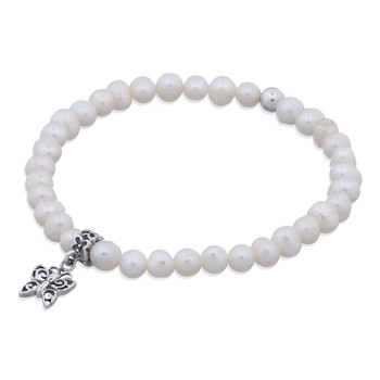 Freshwater Pearl Stretch Bracelet Sterling Silver Butterfly Charm by BeYindi 