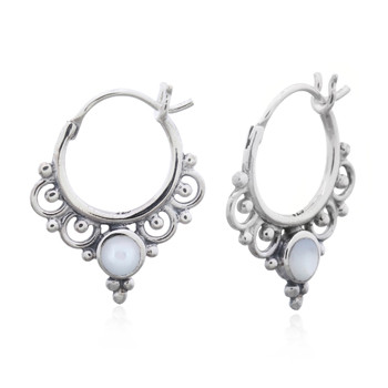 Ornamented Boho Mother of Pearl Hoop Earrings 925 Silver by BeYindi 