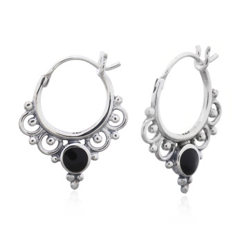 Ornamented Boho Reconstituted Black Stone Hoop Earrings 925 Silver by BeYindi 