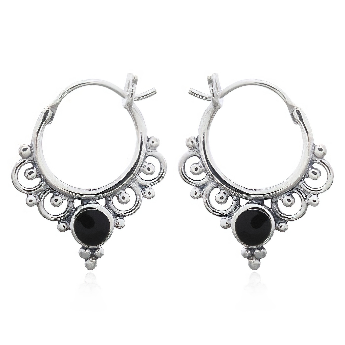 Ornamented Boho Reconstituted Black Stone Hoop Earrings 925 Silver by BeYindi 