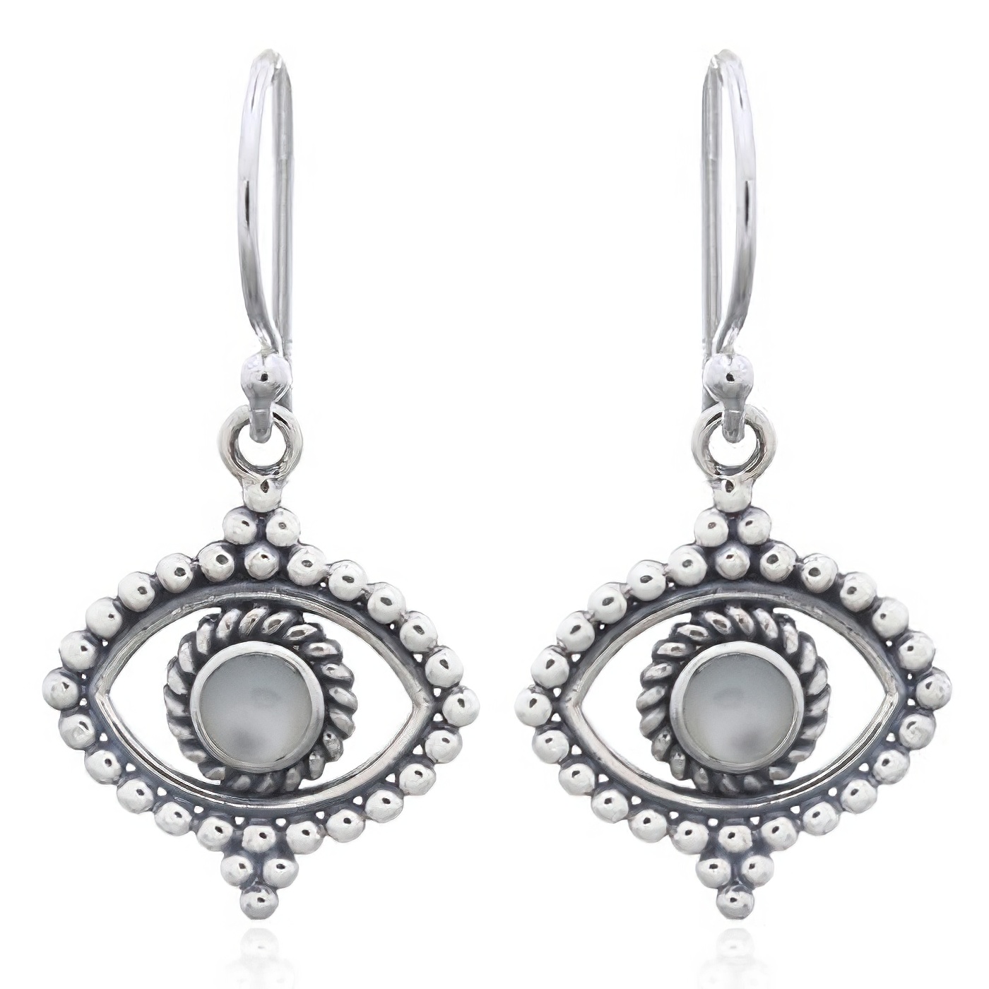 Extraordinary Evil Eye Mother Of Pearl Silver Dangle Earrings by BeYindi 