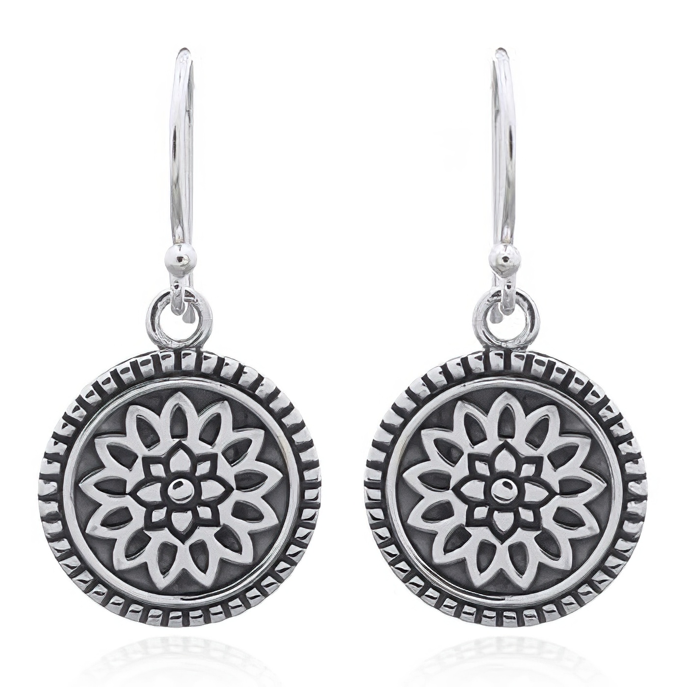Mini Ornamented Mandala Flower Dangle Earrings 925 Silver by BeYindi 