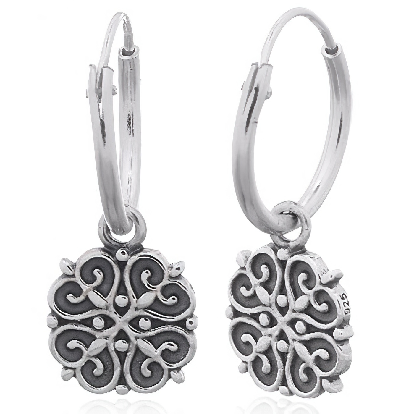 Floral Ajoure Antiqued 925 Silver Hoop Earrings by BeYindi 