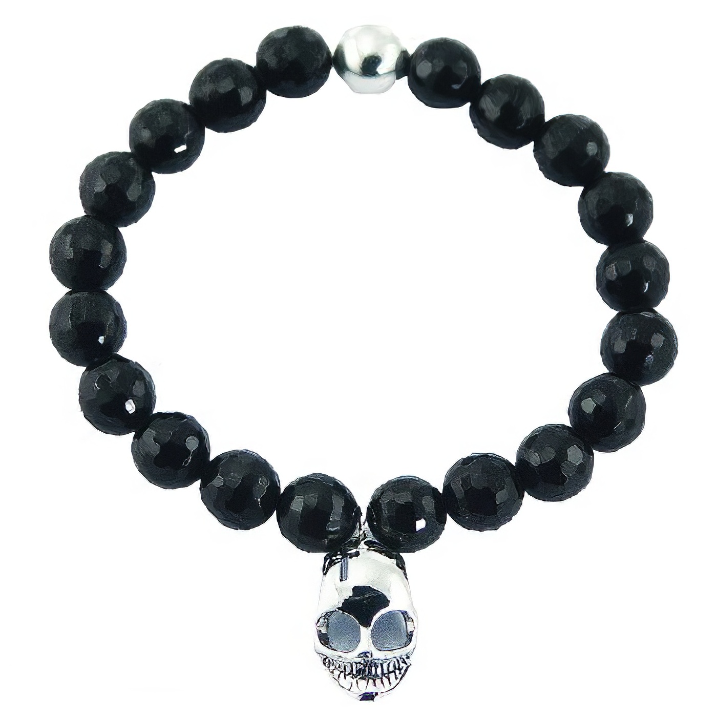 Stretch bracelet with black agate gemstone honeycomb cut and silver skull charm by BeYindi 