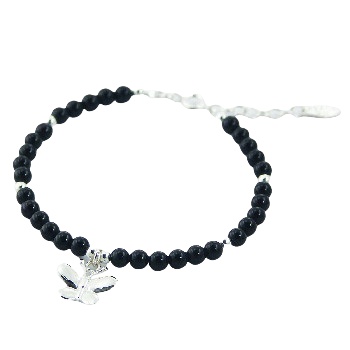 Round Gemstone Bead Bracelet with Silver Butterfly Charm 