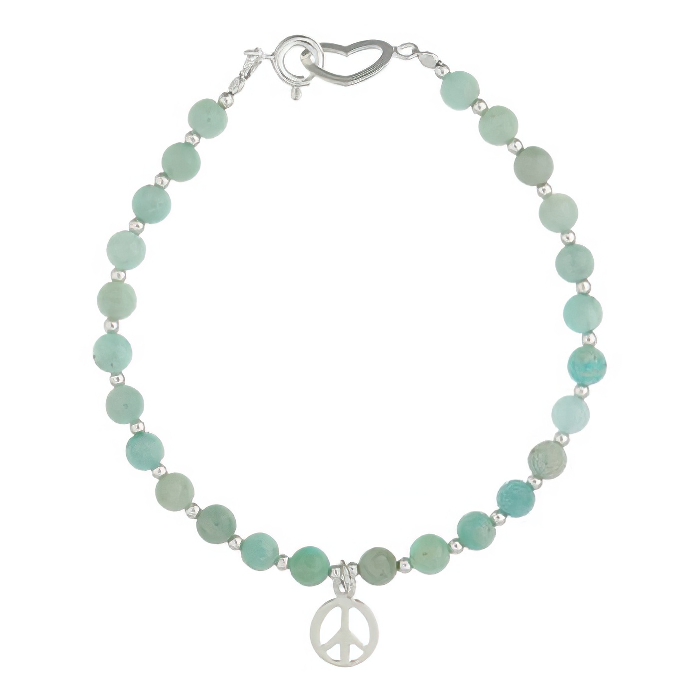 Beaded Amazonite Bracelet Peace Sign and Heart-Springring Clasp 